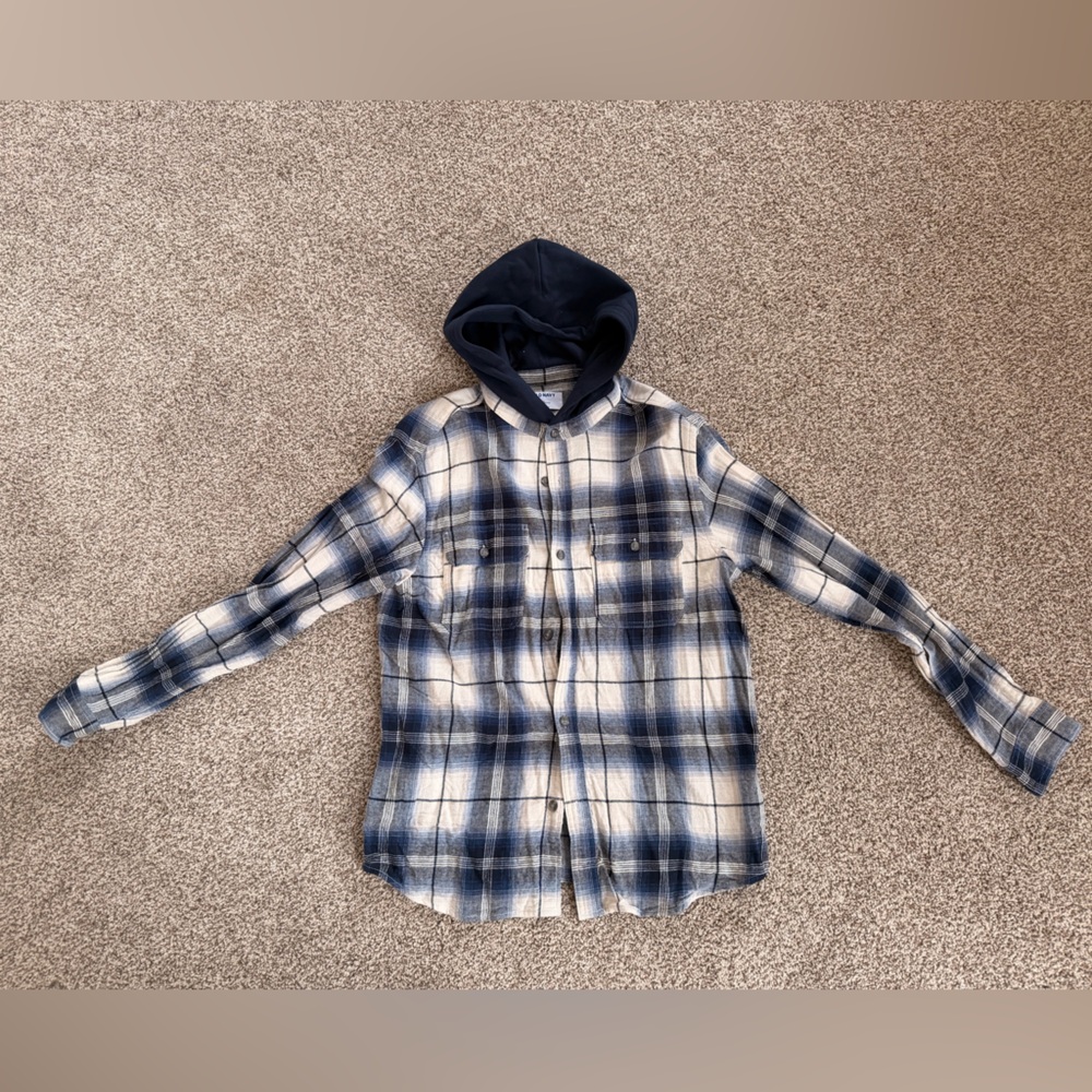 Old Navy Navy and White Plaid Button Down Hoodie